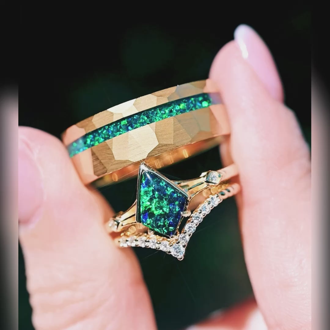 Gold couples ring set his hammered tungsten emerald opal ring her kite cut opal ring