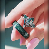 Kite Cut Moss Agate Engagement Ring Set | Couples Matching Bands