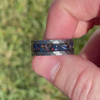 Meteorite and Galaxy Opal Ring Set, His and Hers Tungsten Wedding Band, 8mm & 4mm Silver Rings, Hammer, Couples Ring, Brush, Comfort Fit