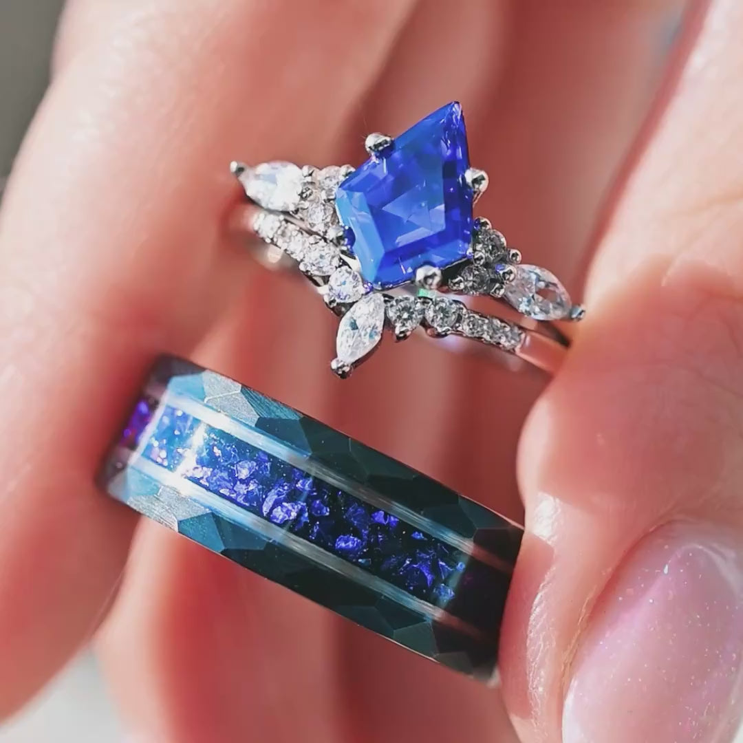 Kite Cut Blue Sapphire Couples Ring Set | 3 Piece His & Hers