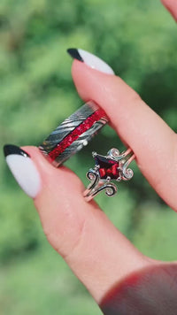 Twirl Natural Garnet Damascus Ring Set, His Her Wedding Band, Matching Couples Ring, 925 Sterling Silver, Stainless Steel, Ring Engraving