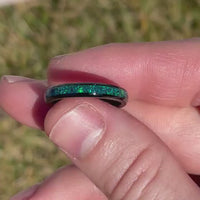 Emerald Coast Ring Set, His and Hers Tungsten Wedding Band, 8mm & 4mm Black Ring Set, Black Emerald Opal, Couples Ring, Dome, Comfort Fit