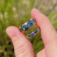 Neptune Crushed Aquamarine Ring Set, His and Her Ring, Matching Couples Wedding Band, 8mm & 4mm Rose Gold Tungsten, Galaxy Ring Set, Engrave