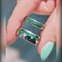 Emerald His and Hers Ring Set, Couples Wedding Band, Silver Tungsten Ring, 8mm & 4mm Matching Bands, Emerald Glass Stones, Ring Engraving
