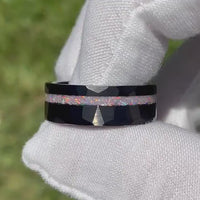 Opal Wedding Band Set, His and Hers Ring Set, Black Tungsten Band, White Fire Opal Ring, Couple Wedding Ring, Hammer, Flat, Brush, Engraving