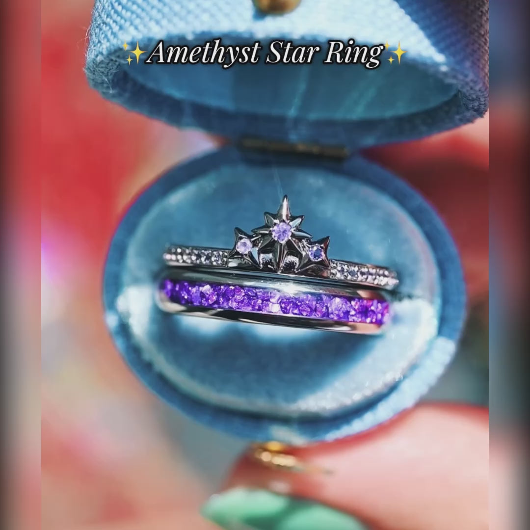 Women’s black sterling amethyst star wedding band