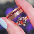 Veloura Black Opal Couples Ring in Rose Gold, His and Hers Wedding Ring Set, Black Fire Opal, Matching Bands, Nontraditional Engagement Ring Set