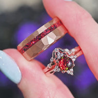 Veloura Black Opal Couples Ring in Rose Gold, His and Hers Wedding Ring Set, Black Fire Opal, Matching Bands, Nontraditional Engagement Ring Set