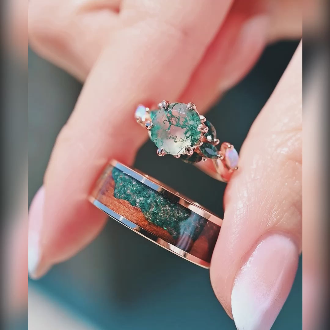 Matching moss agate rose gold rings with wood nature landscape design