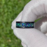 His and Hers Tungsten Wedding Band, Galaxy Opal, 8mm & 4mm Black Tungsten Ring Set, Hammer, Flat, Brush-Matte, Couples Ring, Comfort Fit