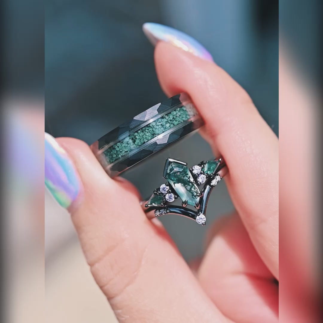 His and her moss agate wedding bands with coffin kite cut design