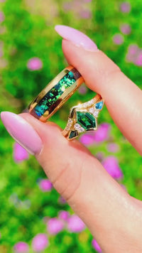 Rosette Nebula Galaxy Ring Set, Unique His and Her Ring, Engagement Ring Set, Gold Tungsten, Green Tsavorite Wedding Ring, Match Couple Ring