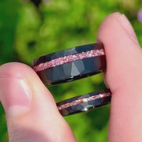 His and Hers MORGANITE Ring Set Black Tungsten Wedding Band, 8mm & 4mm Morganite Glass Stone Ring, Hammered Couples Ring, Ring Engrave