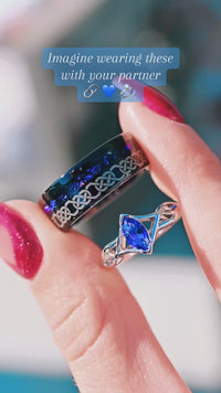 Celtic Knot Couples Ring Set – His and Hers Black & Blue Sapphire Wedding Bands, 925 Silver and Tungsten Promise Rings, Unique Matching Ring