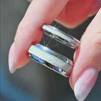 His and Hers Tungsten Wedding Band, Crushed White Fire Opal Ring, 8mm & 4mm Silver Ring Set, Couples Ring, Polish, Dome, Comfort Fit