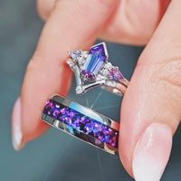 His Her Alexandrite Coffin Kite Engagement Ring Set, Crab Nebula Wedding Ring Set, Couples Ring, 925 Sterling Silver and Silver Tungsten