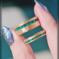 Gold Emerald Opal Wedding Band Set, Hammered Tungsten Ring Set, 8mm & 4mm His and Her Ring, Blue Green Opal Couples Ring, Gold Hammered Band