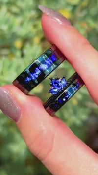 Blue Lotus Orion Nebula Wedding Ring Set, His and Hers Rings, Engagement Ring, Sapphire, Black Gold, Space Couple Ring, Ceramic & 925 Silver