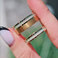 His and Hers Opal Ring Set, Gold Opal Wedding Band, Gold Tungsten Ring, White Fire Opal, 8mm & 4mm Matching Bands, Couples Ring, Engraving