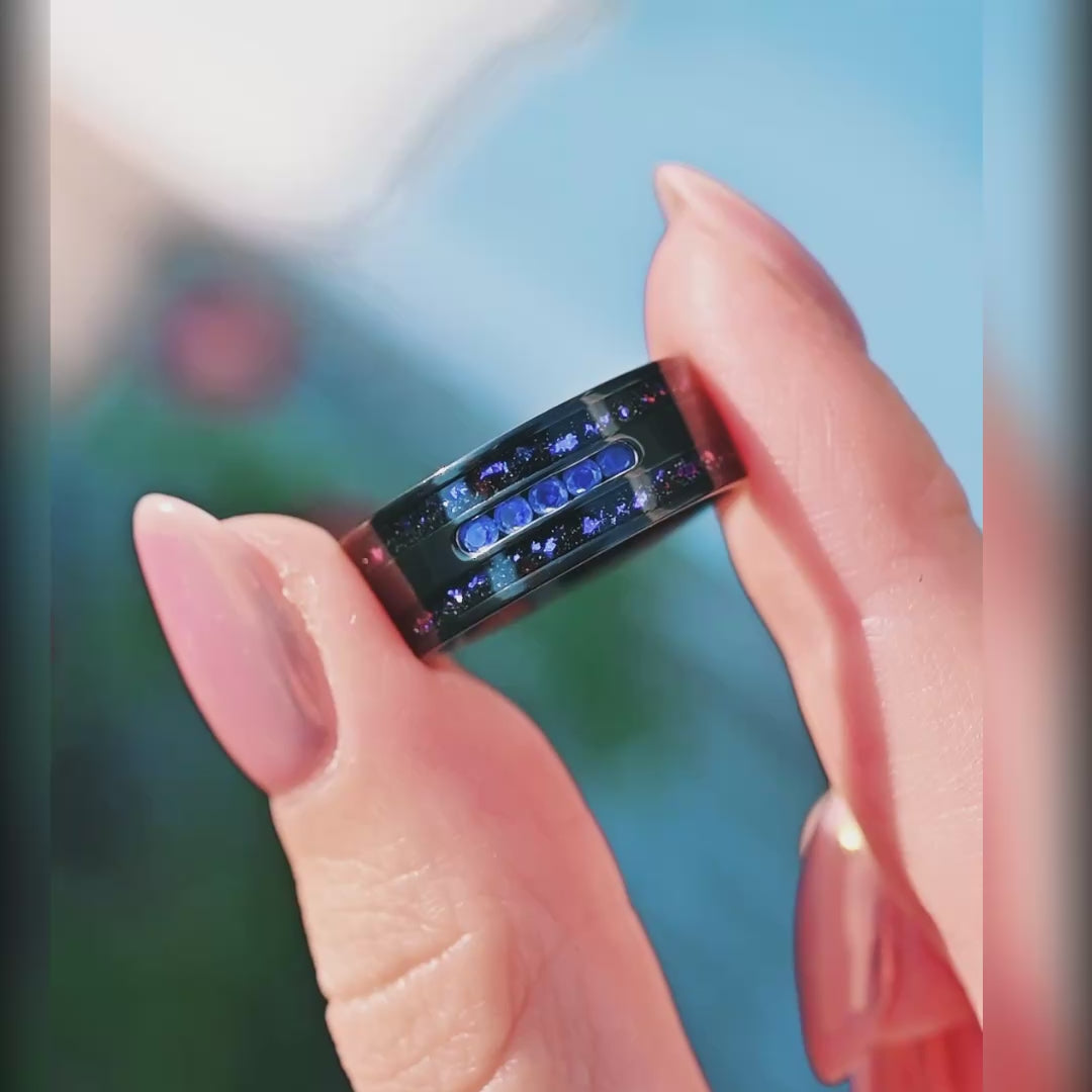 Black engagement ring for him with sapphire gemstone