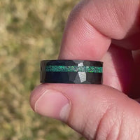 Emerald Coast Ring Set, His and Hers Tungsten Wedding Band, 8mm & 4mm Black Ring, Black Emerald Opal, Couples Ring, Hammered, Comfort Fit