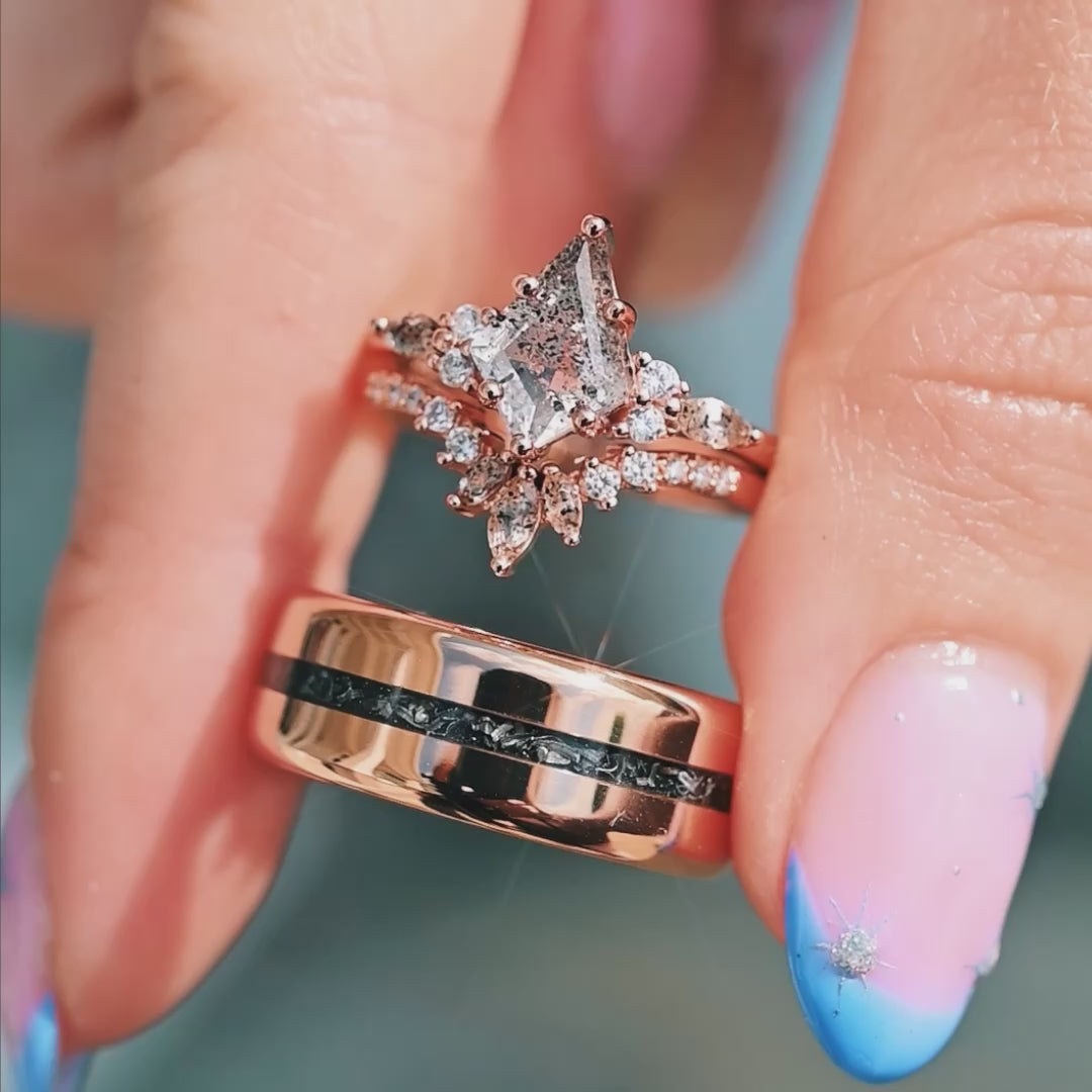 Real genuine meteorite ring for men in rose gold tungsten