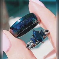 Lunara Celestial Couples Ring Set | Black Tungsten & Sterling Silver with Marquise Sandstone