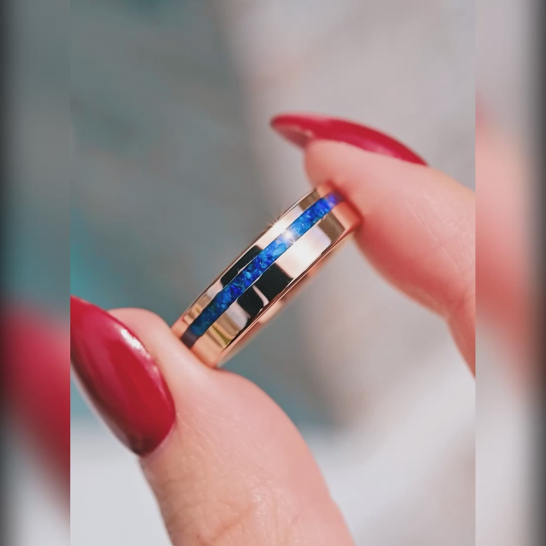 Blue lapis lazuli tungsten ring with offset inlay for men