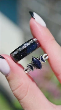 Lunara Starry Night Ring Set, His Her Wedding Ring, Unique Couples Ring, Great Rift Nebula, Crescent Moon Ring, Match Promise Ring, Engrave