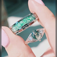 Faeleaf Moss Agate Promise Ring Set | Pear Cut His & Hers in Silver