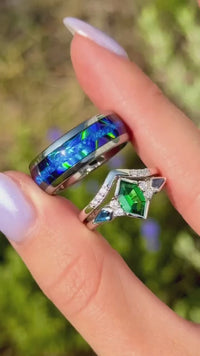 Azure Engagement Ring Set, His and Her Wedding Ring Set, Tungsten, Sterling Silver, Tsavorite, Blue Opal, Matching Promise Ring for Couples