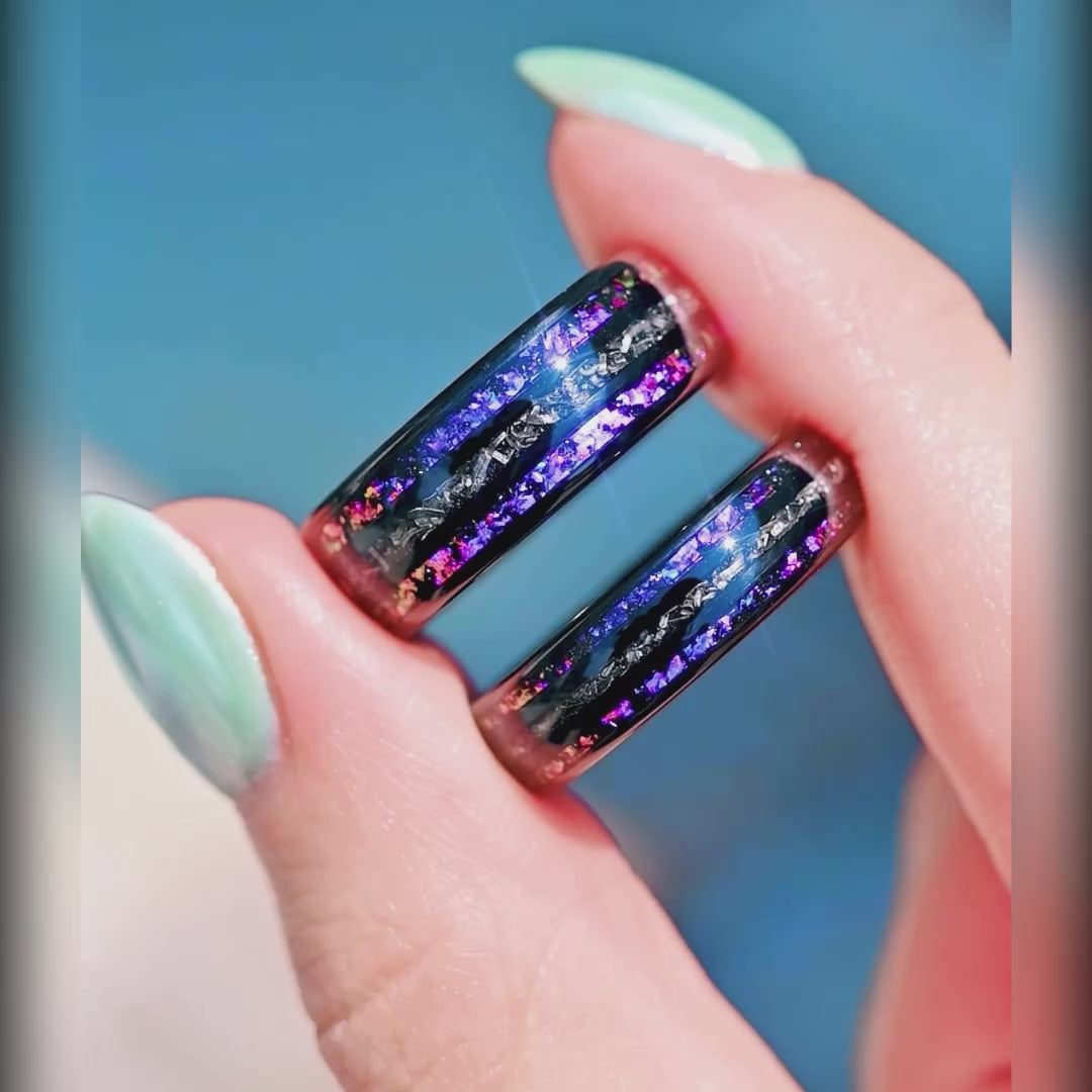 Unique galaxy wedding band for men with real meteorite