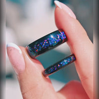 Black Starry Night Van Gogh Opal Matching Ring Set, His and Hers Tungsten Wedding Band, 8mm & 4mm Black Ring Set for Couples, Ring Engraving
