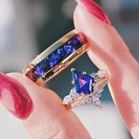 Orion Nebula Couples Ring Set Gold, His and Her Wedding Band, Sapphire Kite Engagement Ring Set, Matching Blue Nebula Ring, Outer Space Ring