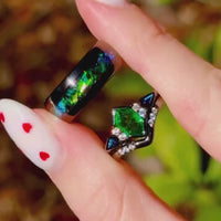 His and Hers Rosette Nebula Wedding Ring Set, Galaxy Engagement Ring Set, Black Wedding Band, Green Tsavorite Ring, Matching Couple Ring