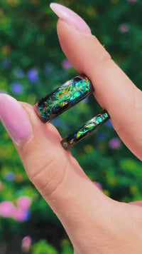 Rhaegal Green Fire Opal Couple Ring Set, His Her Black Tungsten Wedding Band, 8mm 4mm Dragon Band, Dichrolam, Unique Matching Promise Ring