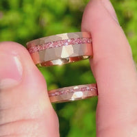 Rose Gold Morganite Ring Set, His Her Wedding Band, Hammered Tungsten Ring Set, Promise Ring for Couple, 8mm & 4mm Glass Stone Ring, Engrave