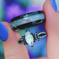 Lunara Couples Moonstone Ring Set, His and Her Wedding Ring Set, Unique Promise Ring, Crescent Moon, Black Fantasy Ring for Couples