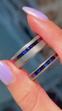 Orion Nebula Ring Set, Couples Tungsten Ring, 8mm & 4mm Silver Sandblast Ring, Space Ring, Durable Ring, Silver Galaxy Ring Set, Engraving
