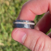 His and Hers White Fire Opal Ring Set, Matching Opal Ring, Silver Ring Set, Hammered Tungsten, Couples Ring, Unique Opal Engagement Ring Set