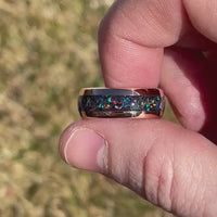 Meteorite and Galaxy Opal Ring Set, His and Hers Tungsten Wedding Band, 8mm & 4mm Rose Gold Plated Tungsten Rings, Polish, Dome, Comfort Fit
