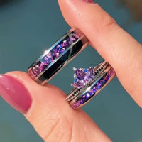 Amethyst Lotus Couples Ring Set – His & Hers Matching Wedding Rings, Natural Amethyst, Crab Nebula Cosmic Engagement Ring Set, Promise Set