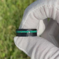 His and Hers Tungsten Wedding Band Set, Crushed Green Opal, 8mm & 4mm Black Tungsten Rings, Hammer, Flat, Matte Brushed, Comfort Fit