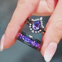 Alexandrite Ring Set, Crab Nebula, His and Her Wedding Bands, Black Hammered Tungsten Band, Purple Space Ring, Couples Engagement Ring Set