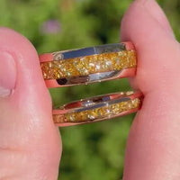 His and Hers Citrine Rose Gold Tungsten Wedding Band, Ring Set, 8mm & 4mm Matching Couples Ring, Citrine Glass Stones, Dome, Polish, Engrave