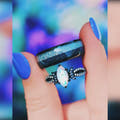 Lunara Moonstone Glow Ring Set, Couples Engagement Ring, Matching His and Her Band, Unique Promise Ring, Crescent Moon, Fantasy Wedding Ring