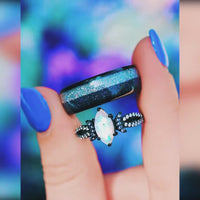 Lunara Moonstone Glow Ring Set, Couples Engagement Ring, Matching His and Her Band, Unique Promise Ring, Crescent Moon, Fantasy Wedding Ring
