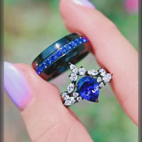 Black Sapphire Ring Set, His and Hers Wedding Band, Blue Sapphire Engagement Set, Couples Ring, Matching Promise Rings, Thin Blue Strip