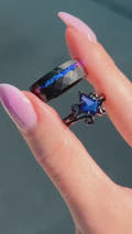 Twirl Black Damascus Ring Set, Orion Nebula, Space, His Her Wedding Band, Sapphire, Alternative Couple Ring, Stainless Steel and 925 Silver