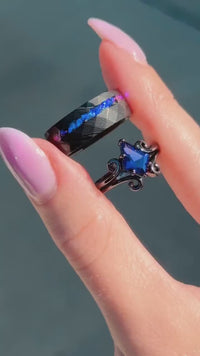Twirl Black Damascus Ring Set, Orion Nebula, Space, His Her Wedding Band, Sapphire, Alternative Couple Ring, Stainless Steel and 925 Silver